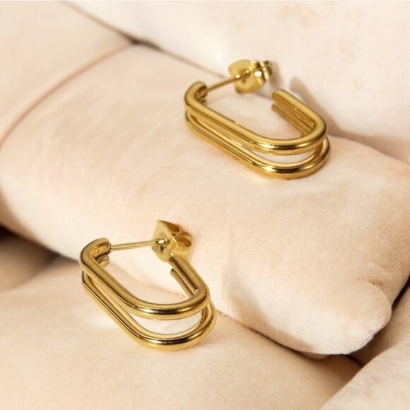 NEW 18K yellow gold plated double layer C shaped hoop drop earrings jewelry B15A - Picture 6 of 6